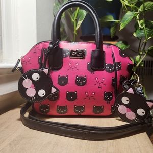 EUC Luv Betsey Johnson XOX Pink Black Cat Top Handle Satchel Crossbody Bag